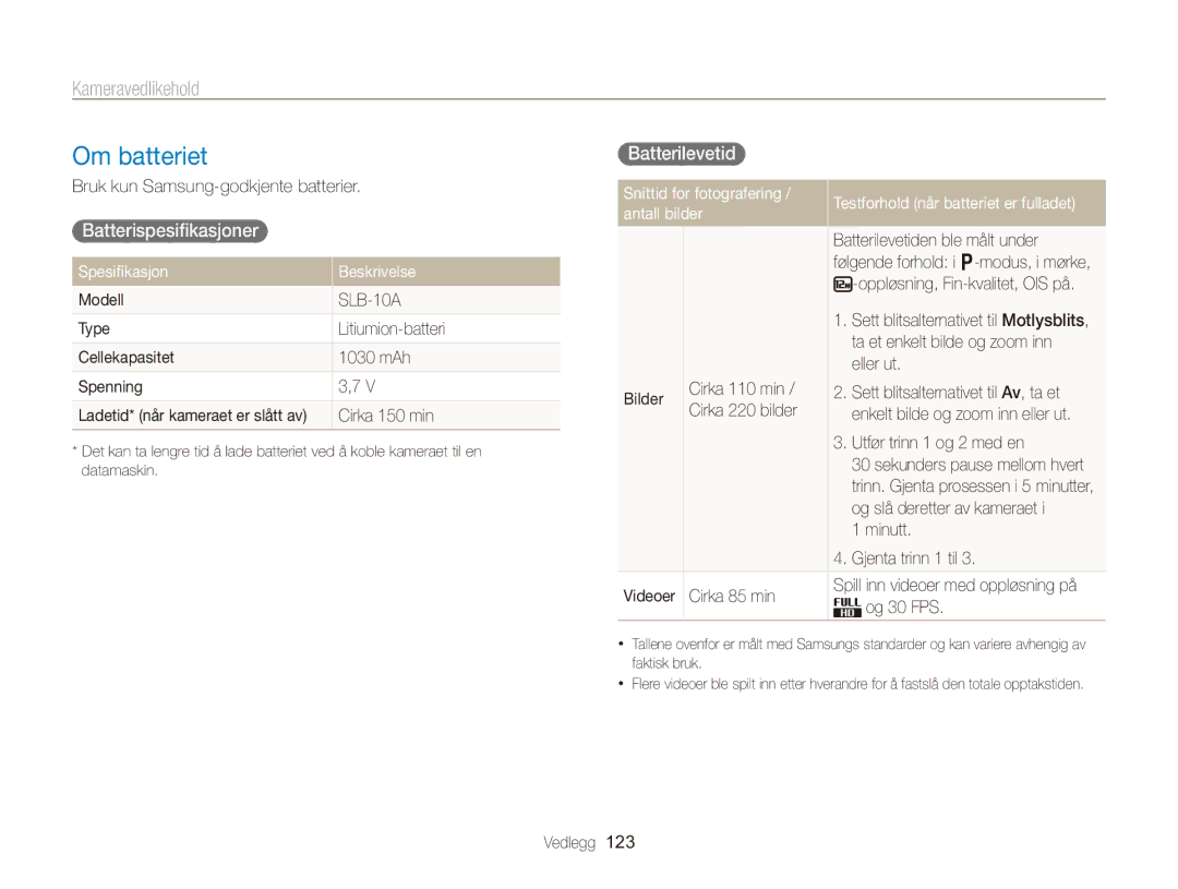 Samsung EC-WB750ZBPBE2 manual Om batteriet, Batterilevetid  